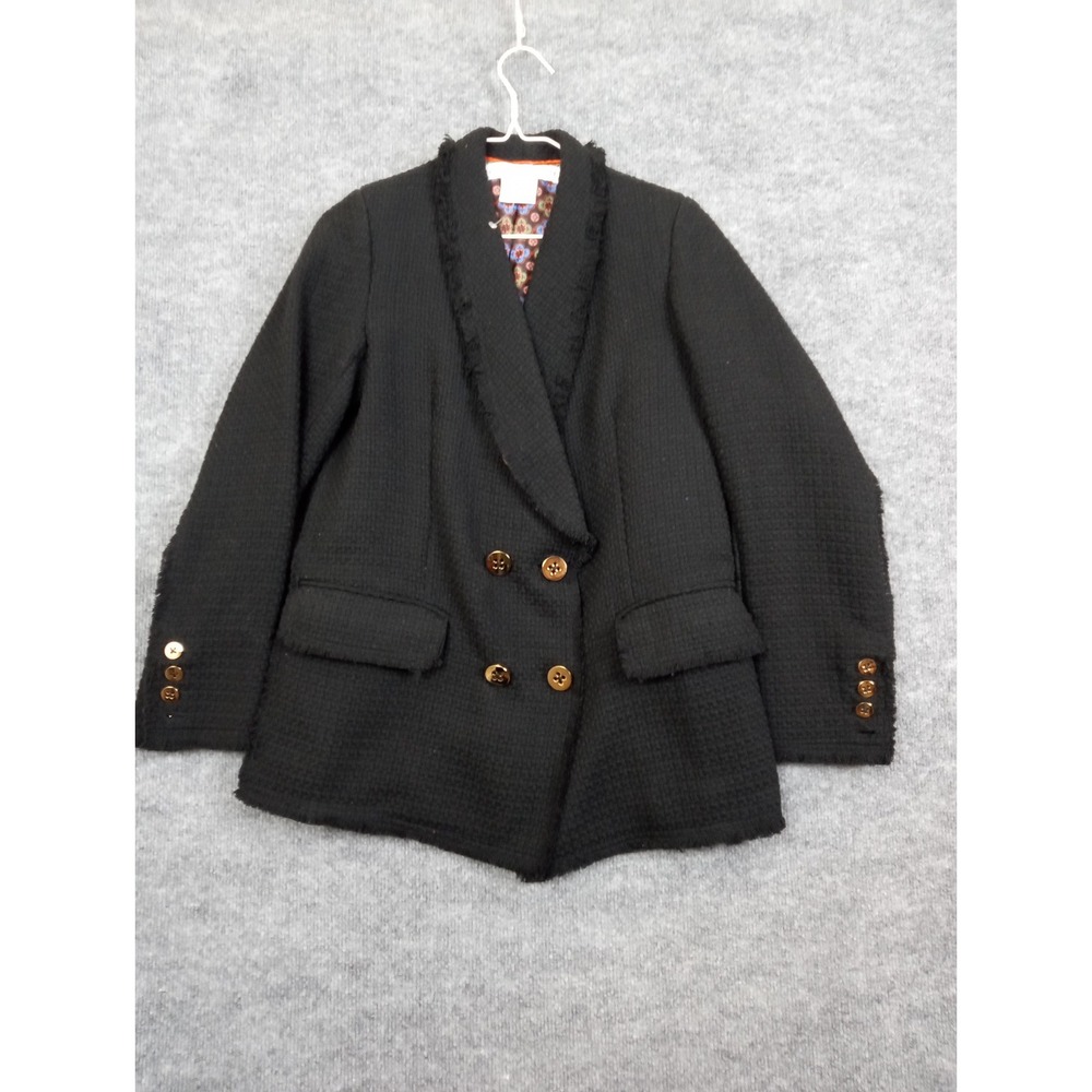 Gretchen Scott Black Tweed Blazer Jacket Frayed Edges Gold Buttons  Casual
